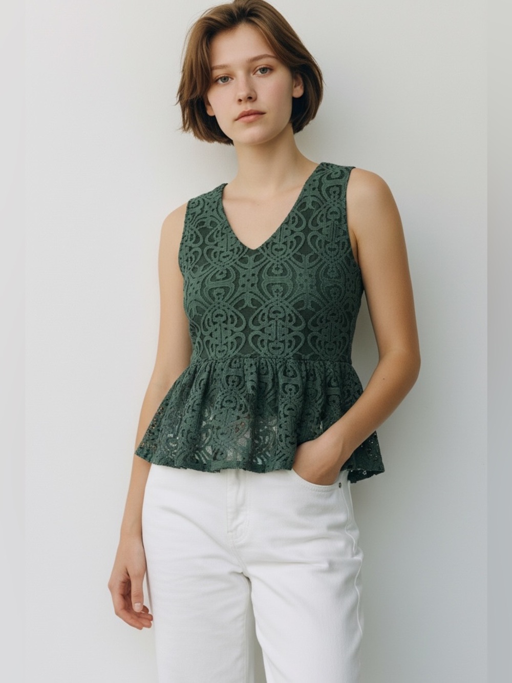 NWT Bar III Green Lace Peplum Top Size XS